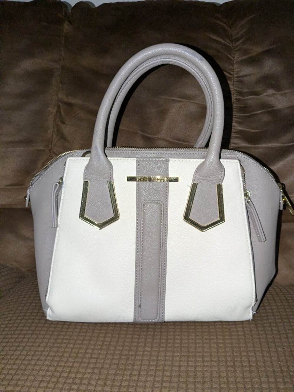 Steve Madden Faux-Leather Colorblock Dome Satchel with Geometric Gold Hardware